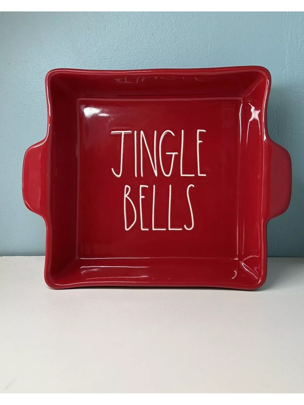 Rae Dunn Christmas Jingle Bells Red Square Baking Dish 9x9 Ceramic Baker Rare
